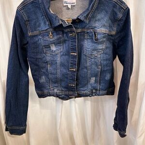 Women's Dark Blue Distressed Denim Jacket